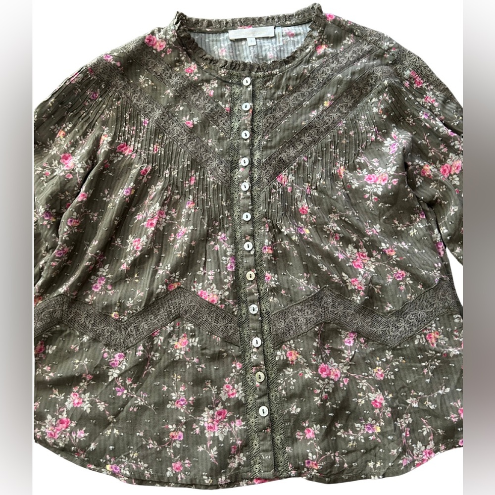 LoveShackFancy Ravelle Floral Lace Button Down Blouse | Bancha Green | Size S - Picture 5 of 7